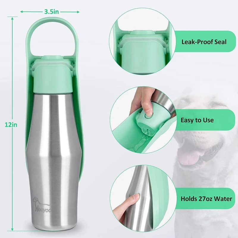Портативная бутылка для воды для собак, дорожная бутылка для воды для собак из нержавеющей стали + поилка, герметичная зеленая 27 унций 3