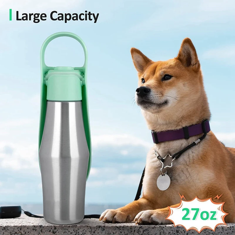 Портативная бутылка для воды для собак, дорожная бутылка для воды для собак из нержавеющей стали + поилка, герметичная зеленая 27 унций 4