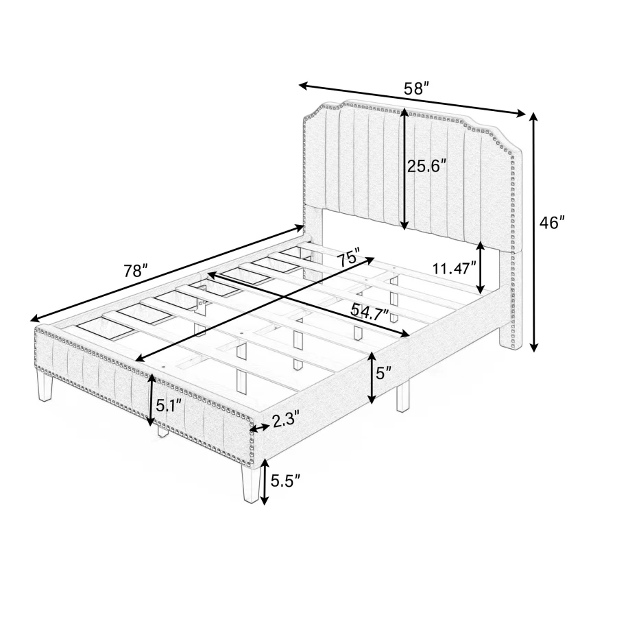Современная льняная кровать-платформа с изогнутой обивкой, каркас из массива дерева, отделка гвоздями (полностью) 5