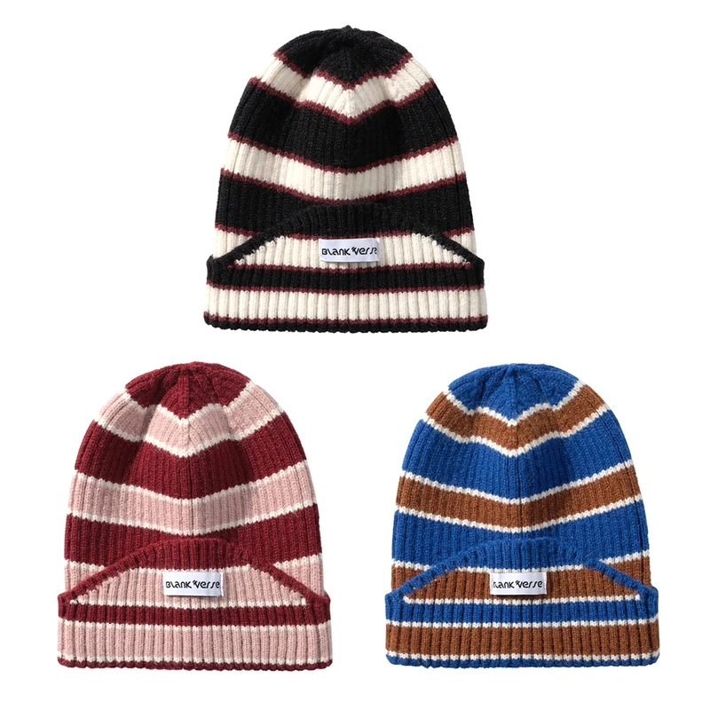 Новая модная шапочка-бини из овечьей шерсти, вязаная женская шапка, мужская полосатая синяя шерстяная шапка-пуловер, уличные теплые зимние шапки 0
