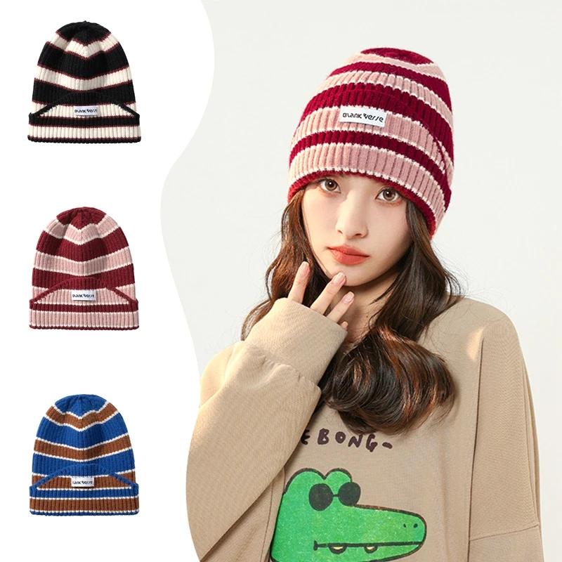 Новая модная шапочка-бини из овечьей шерсти, вязаная женская шапка, мужская полосатая синяя шерстяная шапка-пуловер, уличные теплые зимние шапки 2