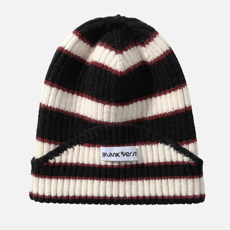 Новая модная шапочка-бини из овечьей шерсти, вязаная женская шапка, мужская полосатая синяя шерстяная шапка-пуловер, уличные теплые зимние шапки 3