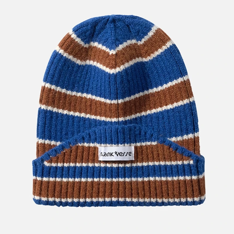 Новая модная шапочка-бини из овечьей шерсти, вязаная женская шапка, мужская полосатая синяя шерстяная шапка-пуловер, уличные теплые зимние шапки 4