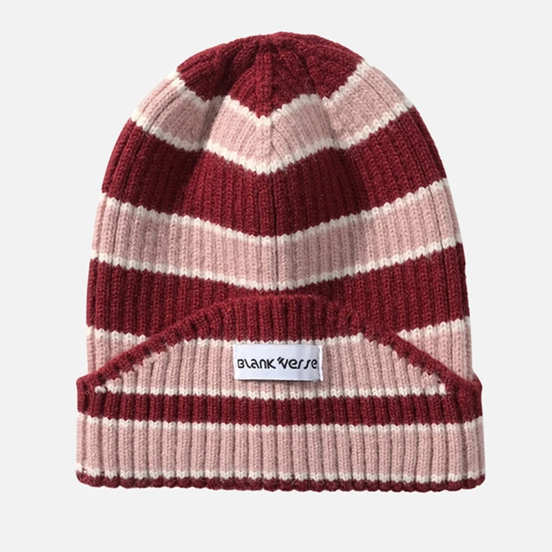 Новая модная шапочка-бини из овечьей шерсти, вязаная женская шапка, мужская полосатая синяя шерстяная шапка-пуловер, уличные теплые зимние шапки 5