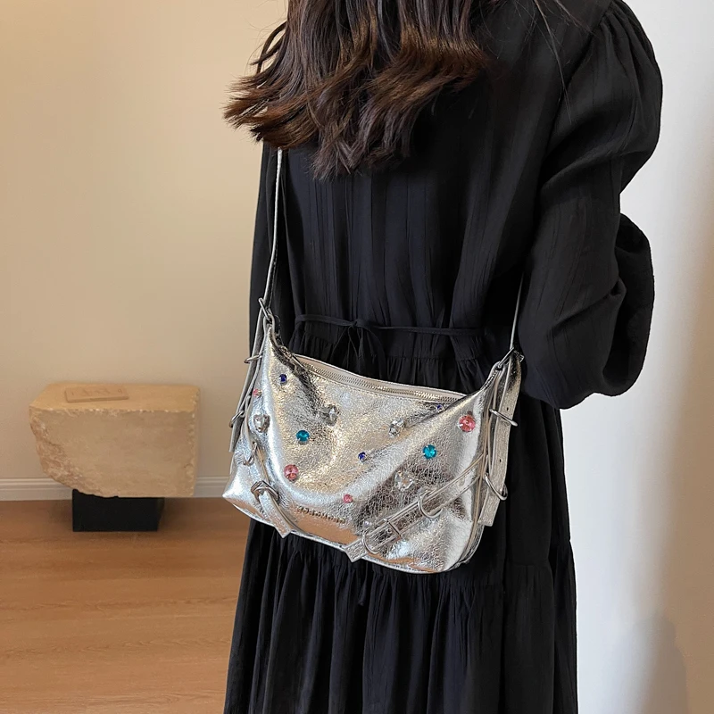 Модные брендовые дизайнерские серебряные сумки через плечо, женские сумки и кошельки в драгоценной оправе, 2023 Новые женские сумки-мессенджеры 3
