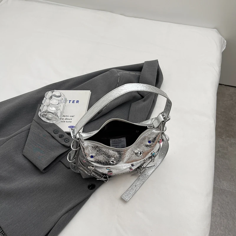 Модные брендовые дизайнерские серебряные сумки через плечо, женские сумки и кошельки в драгоценной оправе, 2023 Новые женские сумки-мессенджеры 4