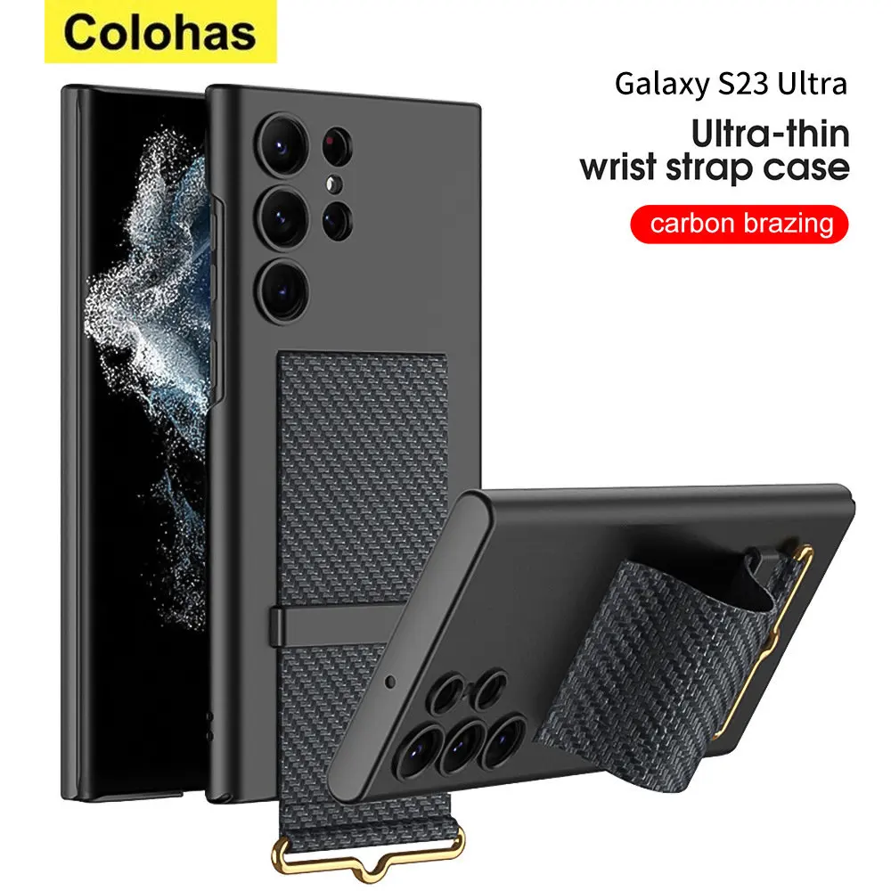Кожаный чехол для телефона Samsung S23 S22 Ultra Plus, матовый держатель для ремешка на запястье, пластиковая защита для задней крышки Galaxy S22 Plus. 0