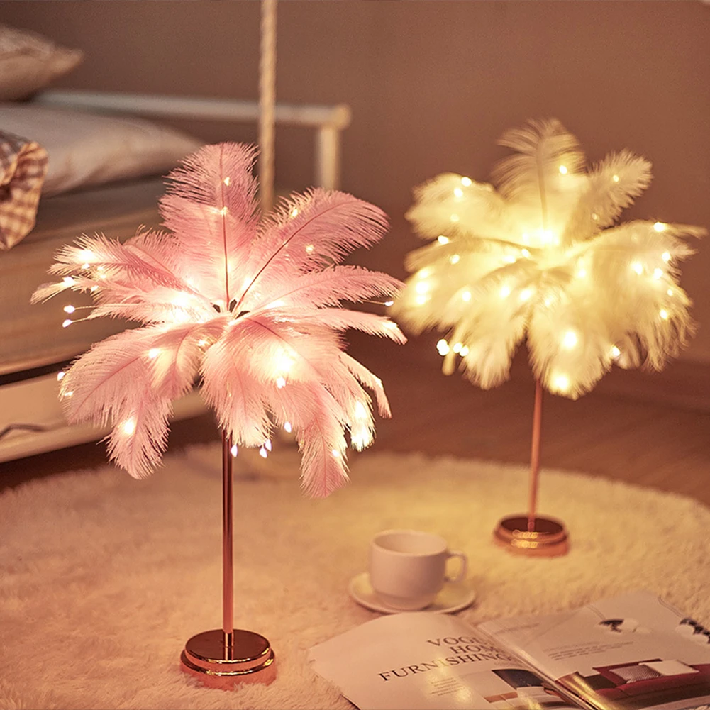 Новый светодиодный ночник с перьями, атмосферная настольная лампа, прикроватная тумбочка в стиле INS для спальни, сказочные огни для вечеринки, свадьбы, рождественского украшения 0
