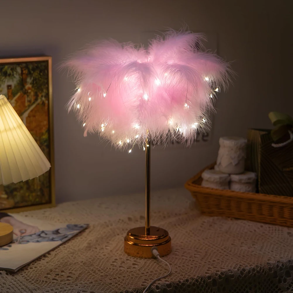 Новый светодиодный ночник с перьями, атмосферная настольная лампа, прикроватная тумбочка в стиле INS для спальни, сказочные огни для вечеринки, свадьбы, рождественского украшения 3