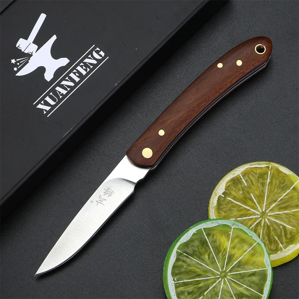 Открытый складной нож с латунной ручкой из сандалового дерева, сталь 420 высокой твердости, открытый охотничий нож, инструмент для выживания в кемпинге, нож 4