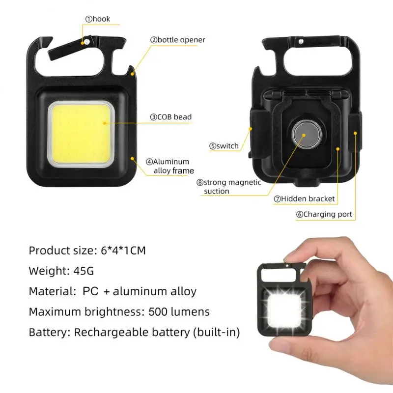 Мини светодиодный фонарик Брелок для ключей Многофункциональные Портативные Фонарики для кемпинга COB, USB-зарядка, Рабочие Фонари, рыболовный Фонарь 2
