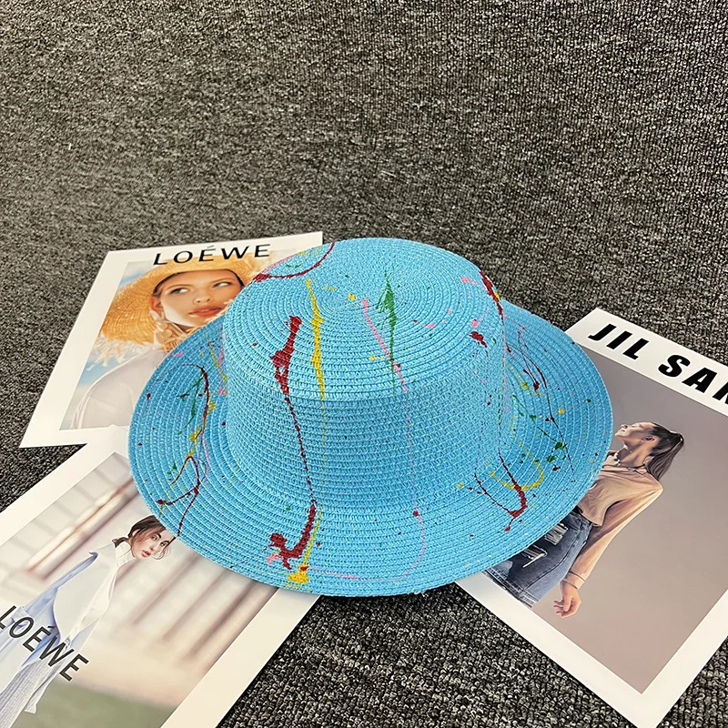 Летняя Художественная аэрография, Красочная соломенная шляпа от солнца, Пляжная шляпа с бантом, повседневная мужская панама с травяным верхом, женская кепка с козырьком в виде кости 0