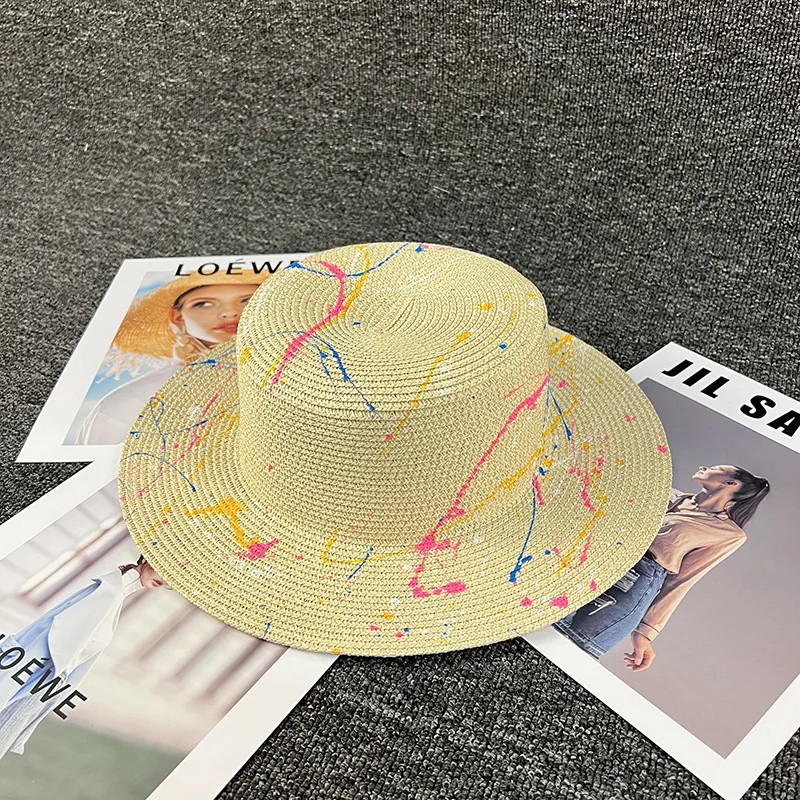 Летняя Художественная аэрография, Красочная соломенная шляпа от солнца, Пляжная шляпа с бантом, повседневная мужская панама с травяным верхом, женская кепка с козырьком в виде кости 4