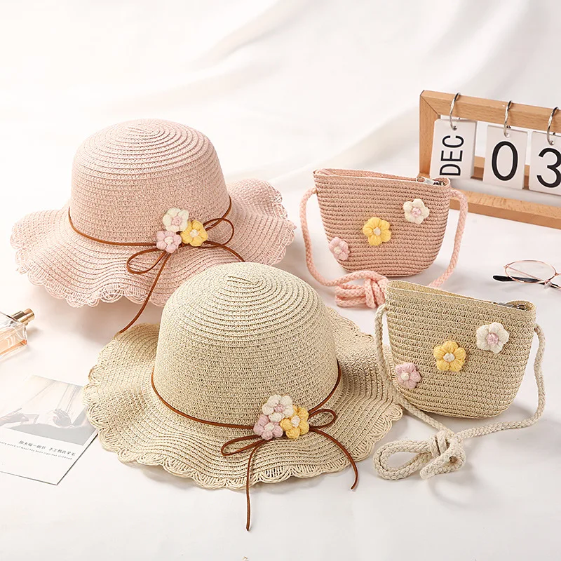 Новые Летние Соломенные шляпы от солнца для девочек, наборы сумок с цветочным рисунком, Детские Пляжные шляпы от солнца, Сумки для путешествий, Праздничные Повседневные Солнцезащитные кепки 1