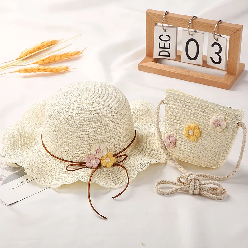 Новые Летние Соломенные шляпы от солнца для девочек, наборы сумок с цветочным рисунком, Детские Пляжные шляпы от солнца, Сумки для путешествий, Праздничные Повседневные Солнцезащитные кепки 3