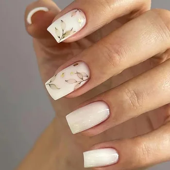 24шт Накладные ногти средней длины, готовые носимые типсы для ногтей, маникюр, накладные ногти с дизайном в виде листьев, полное покрытие, нажимается на ногти