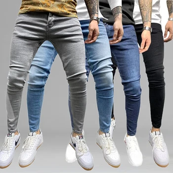 Мужские черные джинсы Slim Fit Качественные серые повседневные мужские джинсовые брюки Skinny Fit Мужские брюки Уличная одежда в стиле хип хоп Хлопковые джинсовые брюки